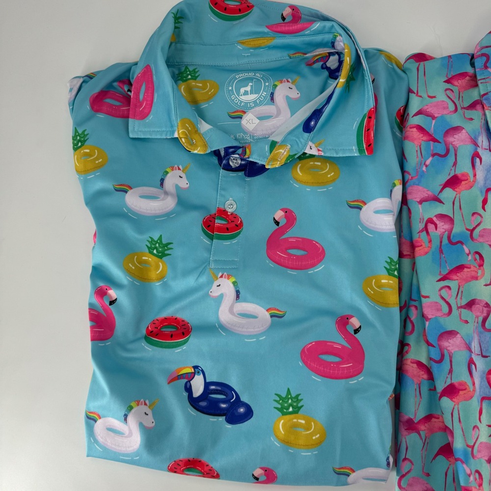 Lot of 3 Proud 90 Golf Polos Mens XL Flamingo‎ Pool Float Unicorn Tropical Blue - Picture 4 of 5
